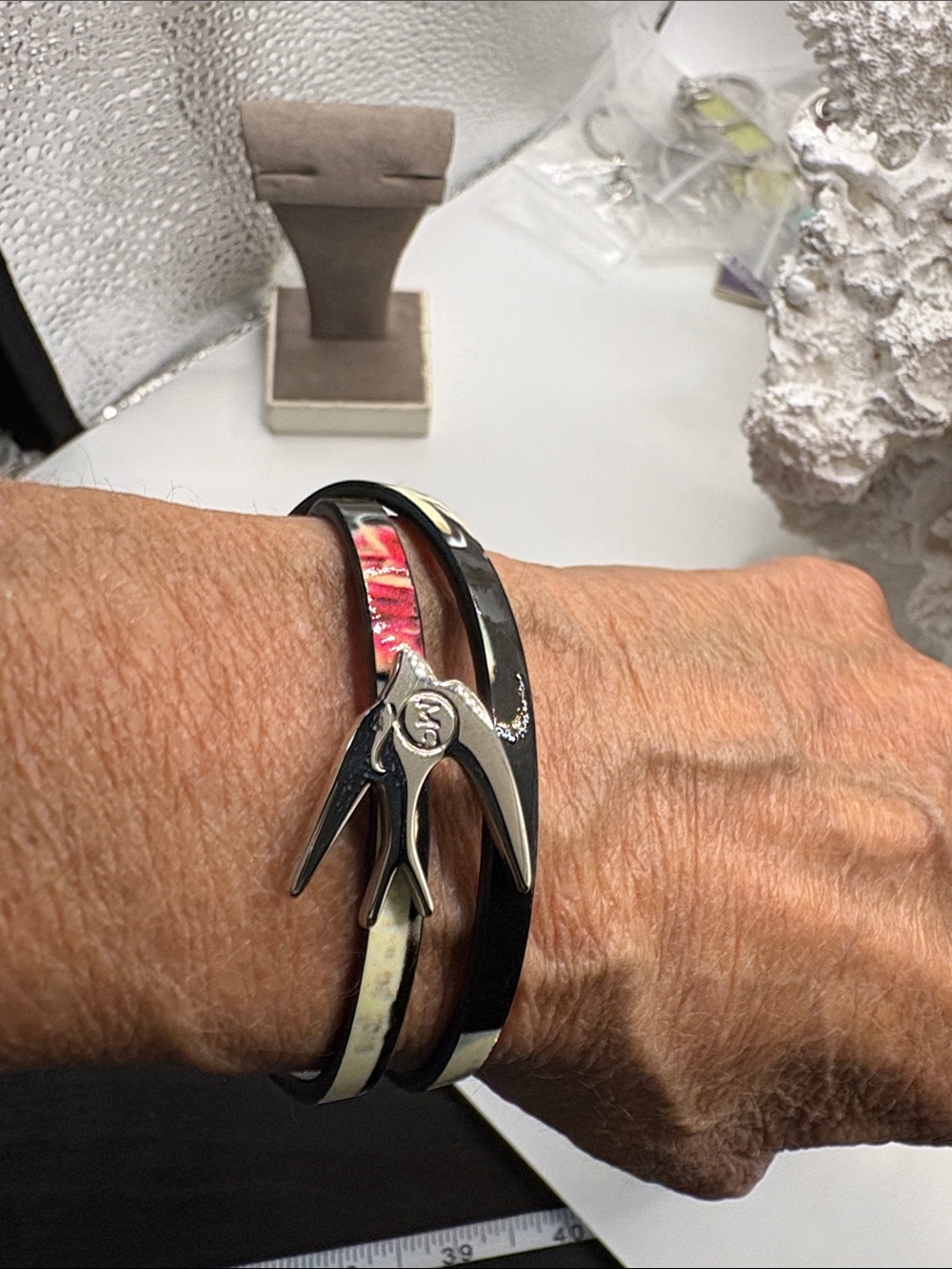 Alexander McQueen Double wrap  Black, Red, White  Bracelet with Silver Bird